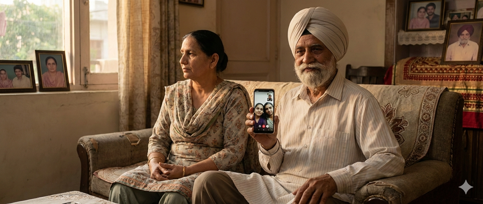 Happy elderly parents video calling their NRI children