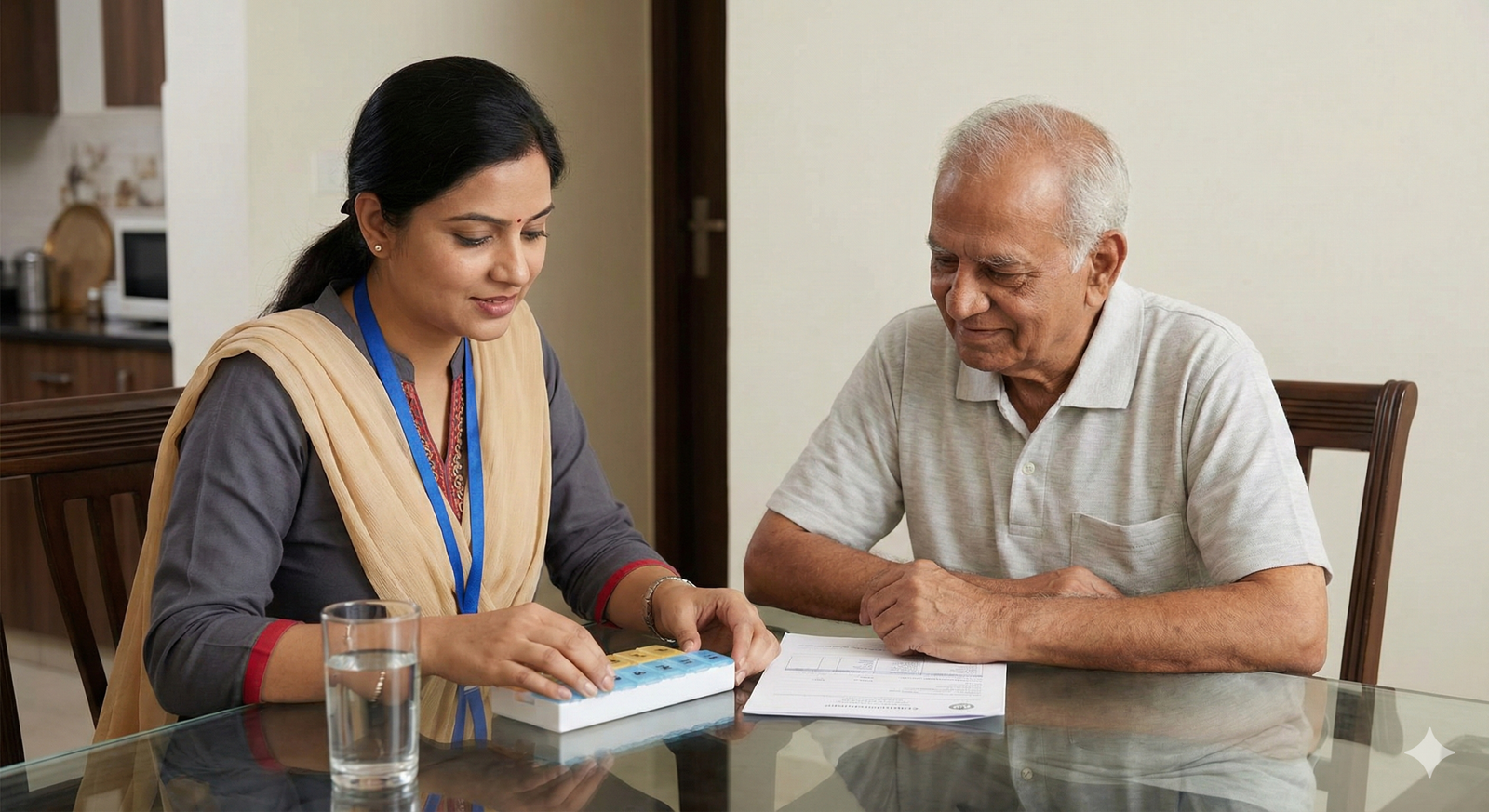 Professional care manager reviewing medications with an elderly parent