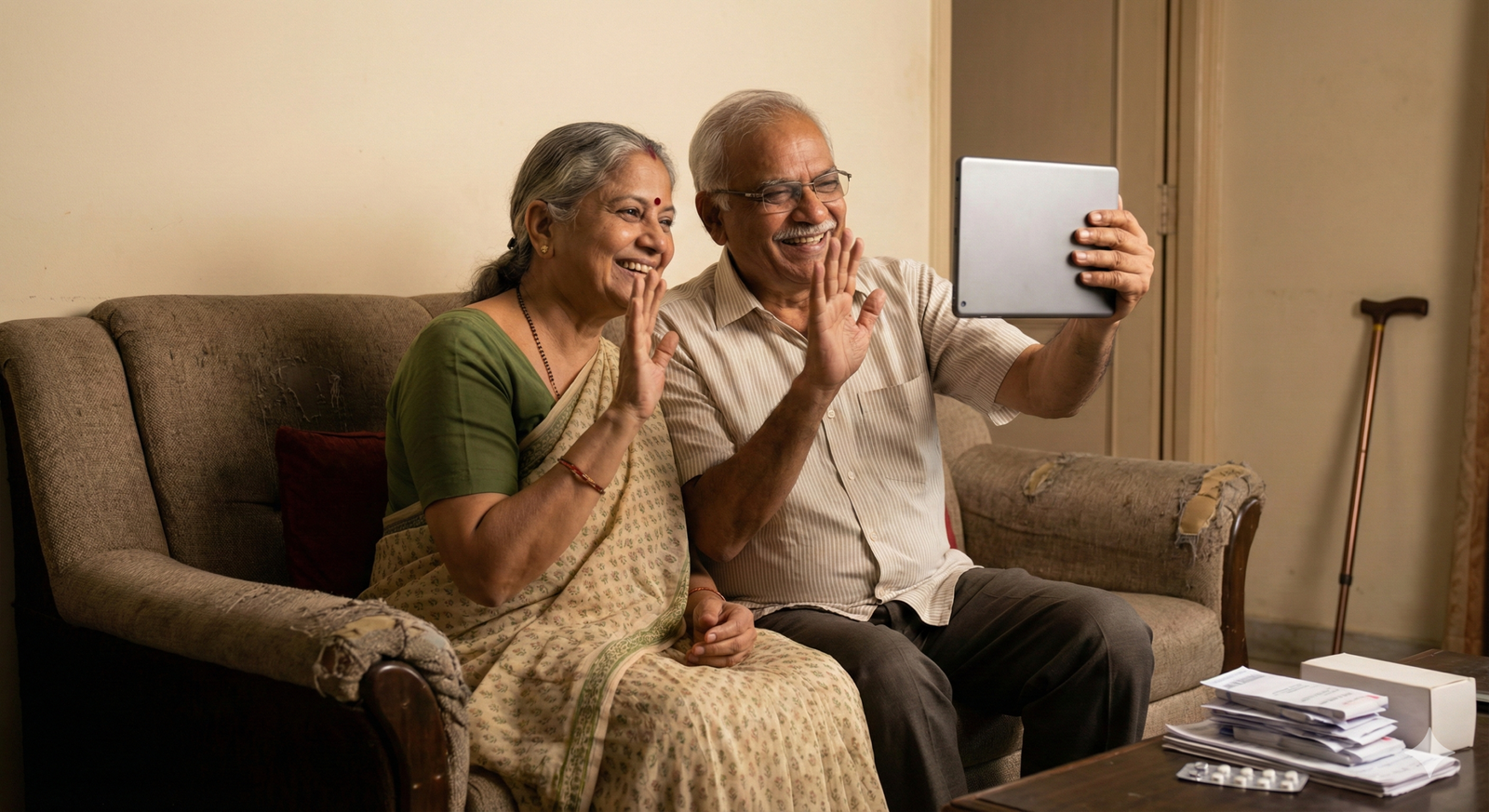 Elderly parents on a video call with hidden struggles